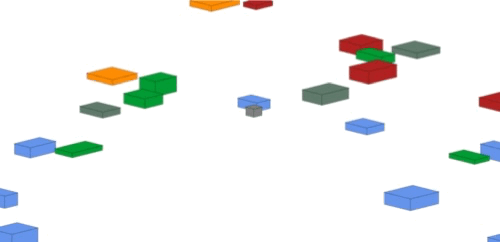 A small grey box moves sideways through a cluster of multiple bigger colorful boxes. The bigger boxes are also moving.