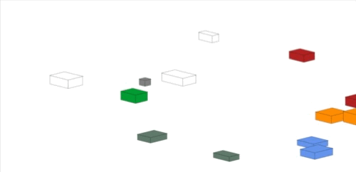 A small grey box moves through an area full of other bigger boxes in multiple colors. It showcases that neverengine is able to accurately layer the objects.