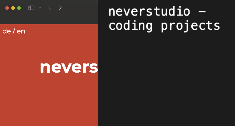 An image split in two halfs: One shows neverstudio.de the other a textual representation of neverstudio.de